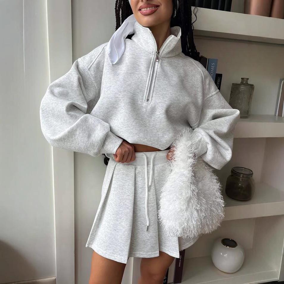 

European & American Stand-up Collar Zipper Sport Two-piece Skirt Set, Women s Casual Fashion with Drawstring Skirt Large