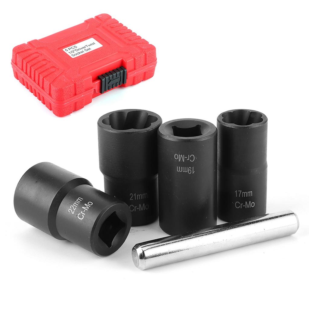 5pcs/set Damaged Nut Lock Remover 1/2in Drive Size Twist Socket Straight Bar Set