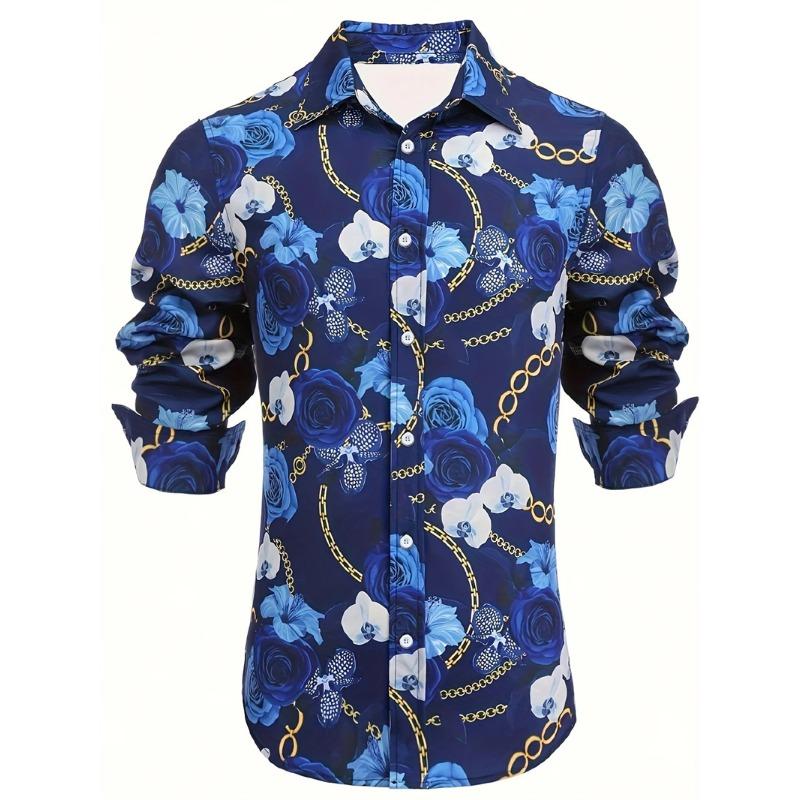 Men's Button Down Casual Shirt with Spring and Summer Floral Print Long Sleeved Shirt for Daily Fashion and Comfort