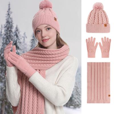 Winter Hat Scarf Gloves Set for Women Fleece Lined Pom Pom Skull Cap Long Scarf And Gloves Set Warm Knit 3 Pcs Set for Cold Weather