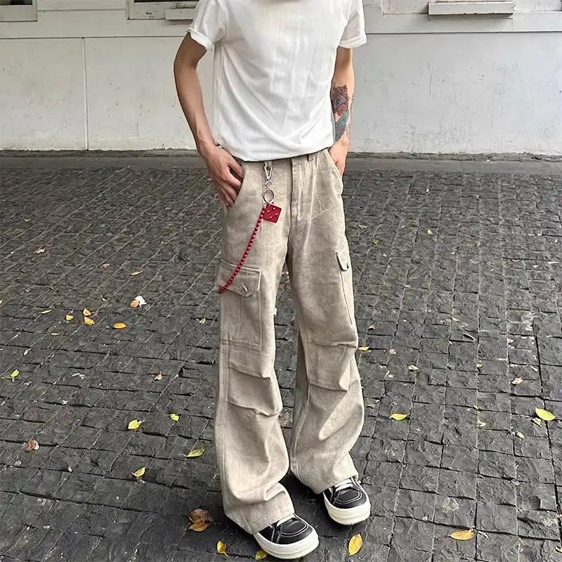 

Men s Clothing Vintage Tie Dye Trousers American Straight Denim Pants Summer Safari Style Pockets Spliced Fashion Wide Leg Jeans XXXL коричневий