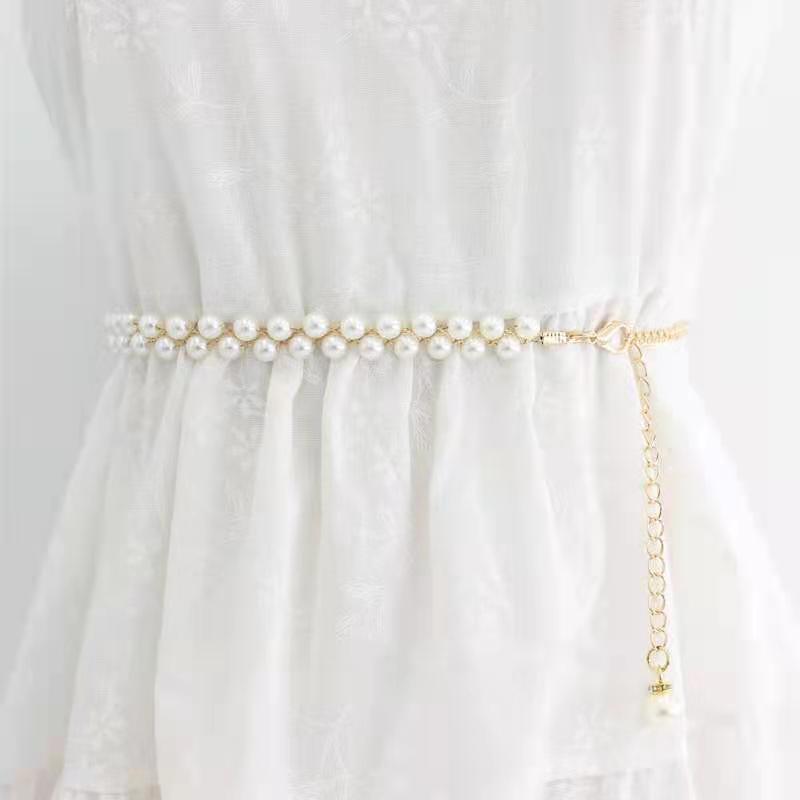 

Women s Simple and Fashionable Double-layer Pearl Woven Decorative Dress with Waist-hugging Small Fragrance Style Thin Belt Sweet Waist Decoration 115cm