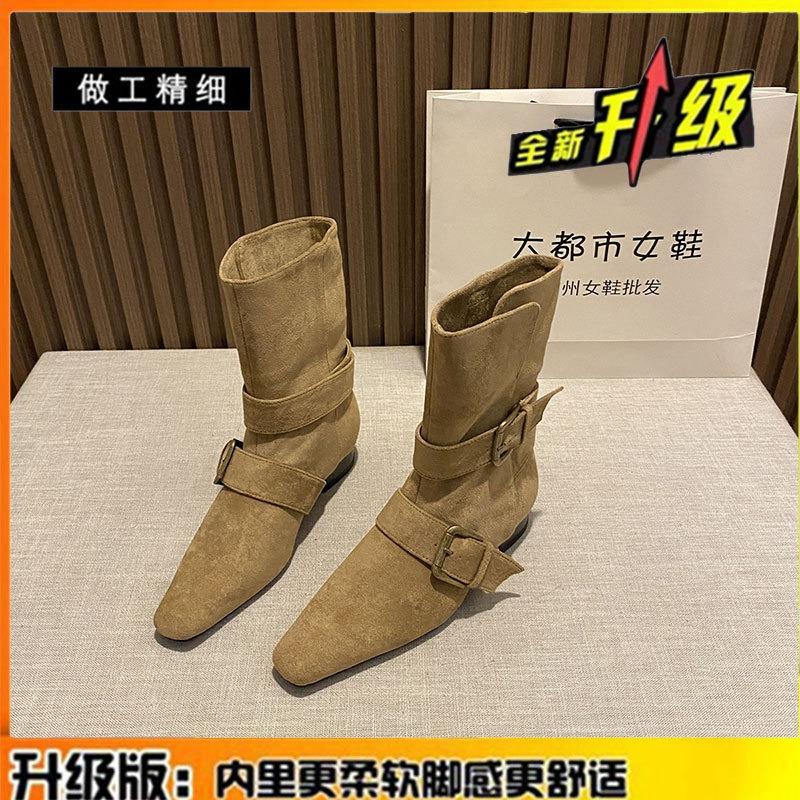 Sheepskin version! Short boots women's autumn and winter new belt buckle retro versatile small square head bare boots