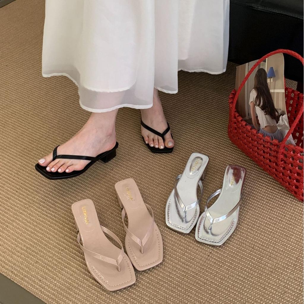 Fashion Square Heel Slippers Women Summer Shoes Low Slides Pantofle Rubber Flip Flops Fashion Heeled Mules Block 2025 Hawaiian Luxury