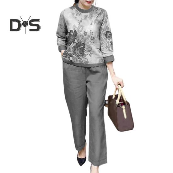 

2 шт./комплект женский футболка брюки комплект цветочный принт рукава три четверти круглый вырез свободные карманы широкие штанины осень весна топ брюки костюм женская одежда M серый