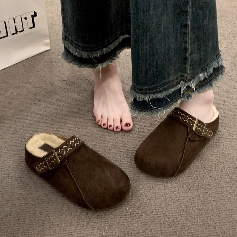 Fleece Birkenstocks women's new winter wear versatile wool cotton slippers pregnant women pedal bag head half drag