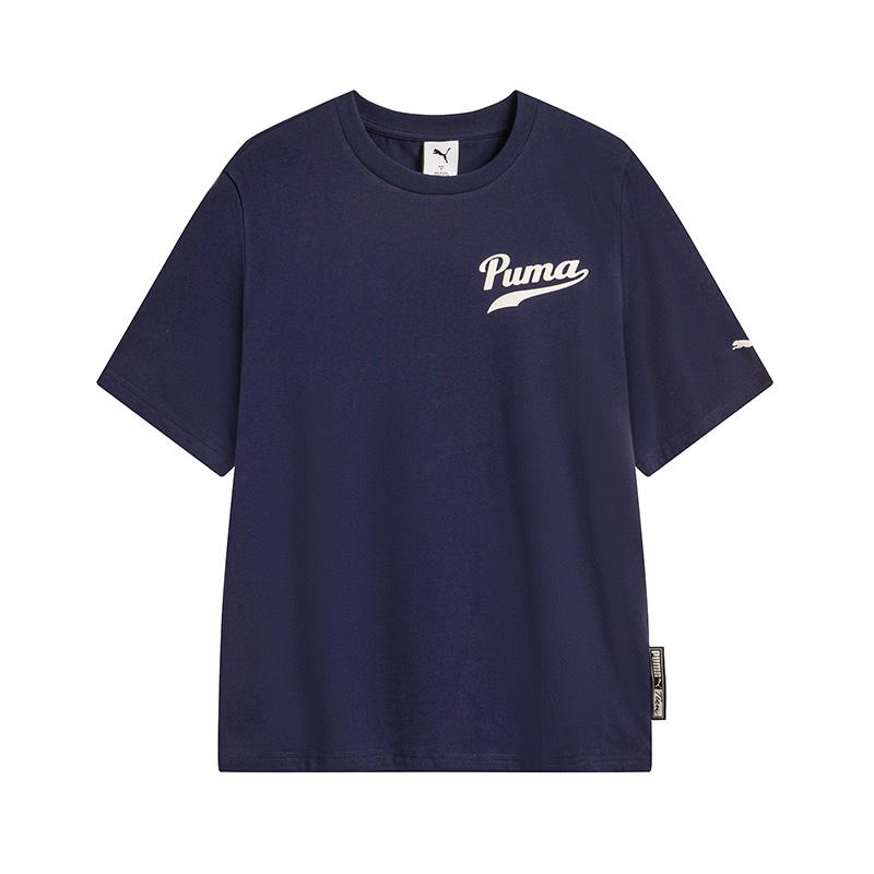 PUMA Fashionable Round Neck Short Sleeve T-Shirt Unisex Tops Navy-Blue 635374-06