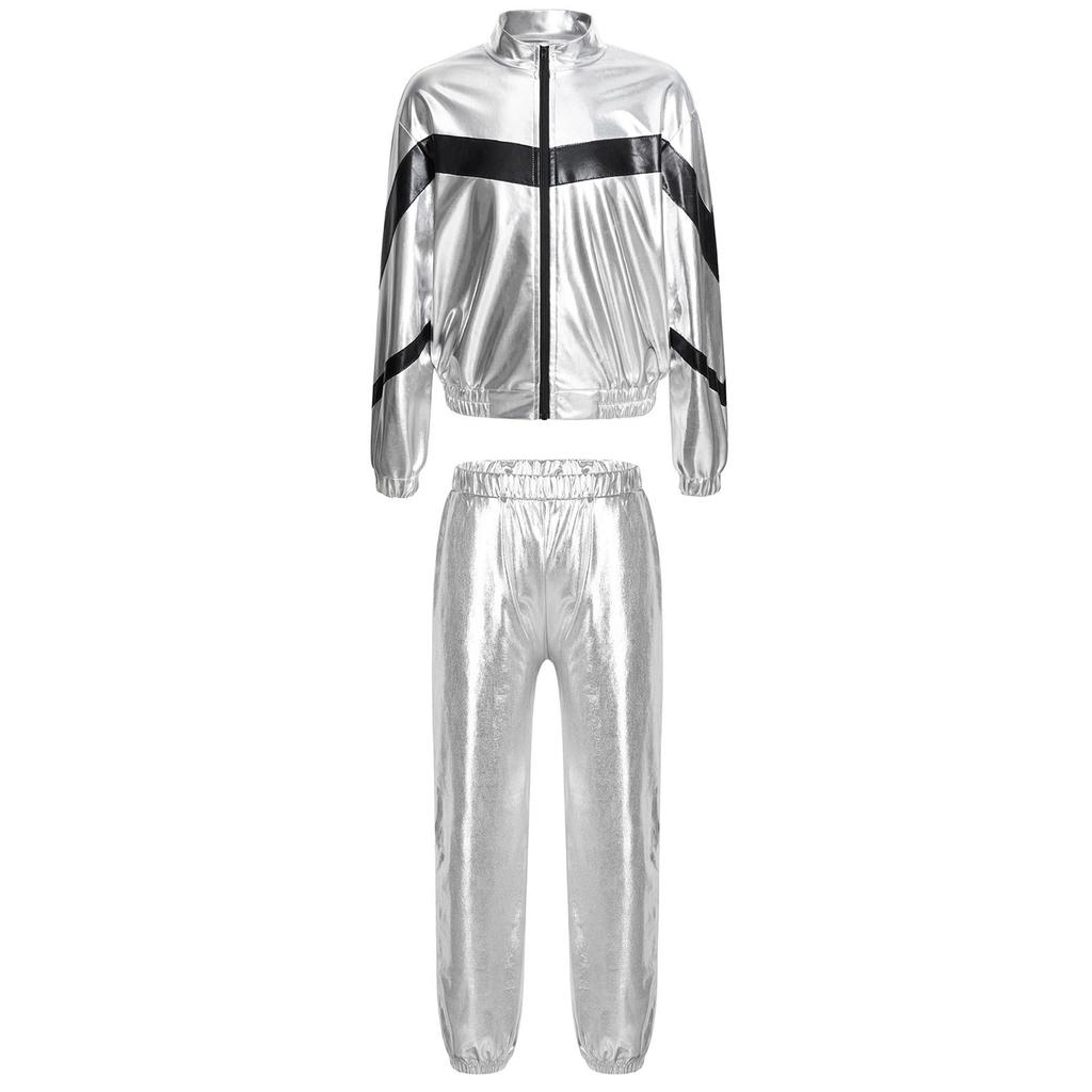 Girls Hip Hop Dance Jacket Metallic Zipper Contrast Color Stand Collar Coat Glittery Waist Pants Set