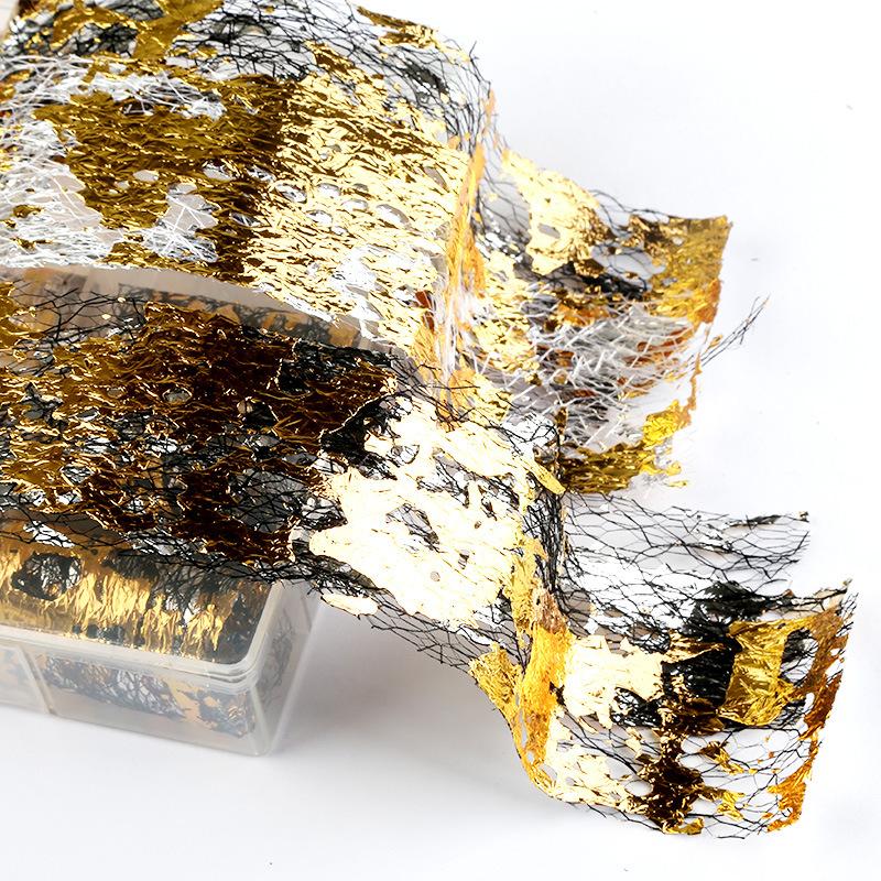 10 buc/cutie Autocolante pentru unghii din matase, auriu, argintiu, fragmente de dantela, folie de transfer de unghii, decalcomanii din hartie, manichiura, bricolaj, sclipici, farmec Decorati