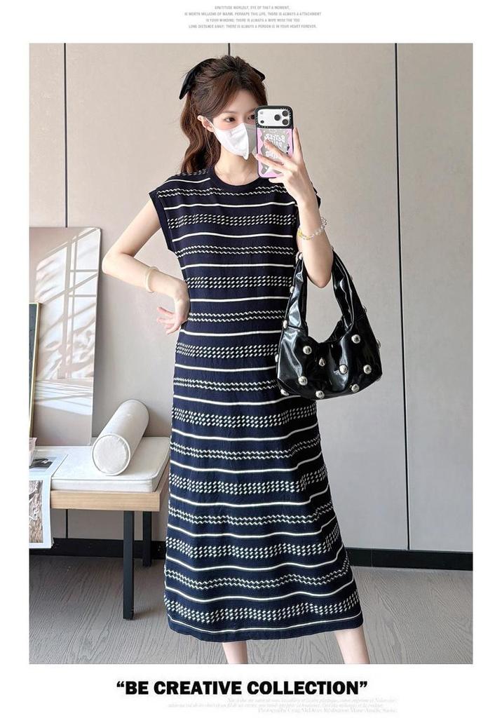 New Summer Ice Silk Maternity Dress with Short Sleeve Polo Collar and Slimming Color Block Stripes