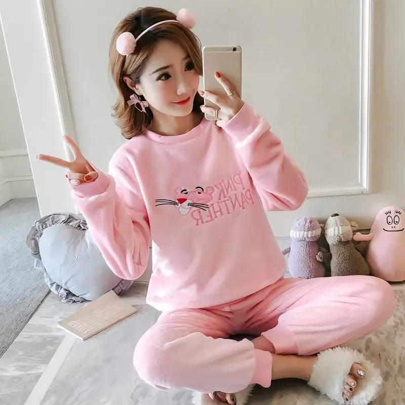 Thickened Warm Sleepwear for Winter Flannel O-Neck School Homewear Set Ladies Pajamas Long Sleeves Cartoon Cat Pineapple