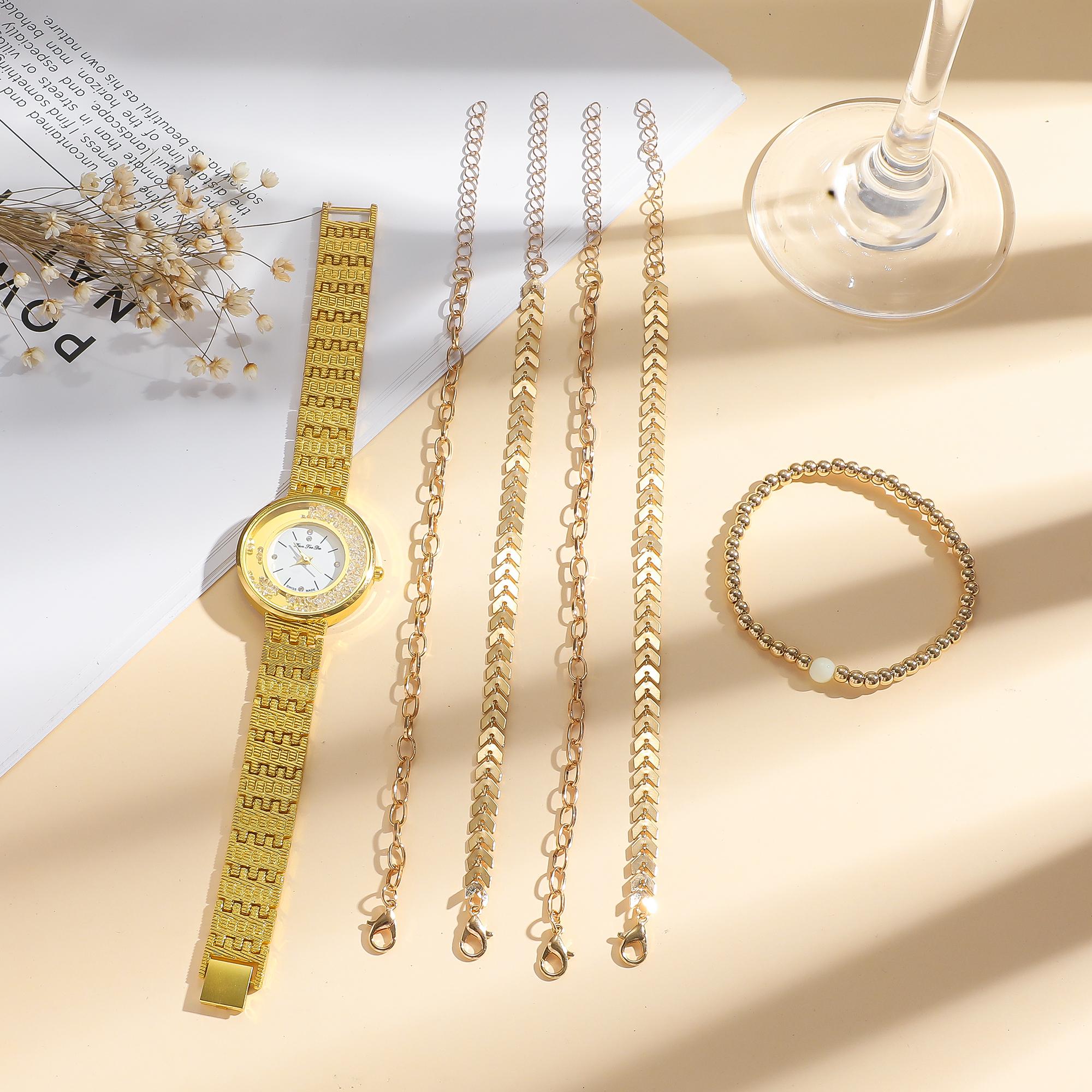 

Набор из 6 шт./компл. Часы кварцевые с передовым бриллиантовым цифровым циферблатом и стальным ремешком, в подарочном наборе для друзей и семьи на годовщину жёлтый