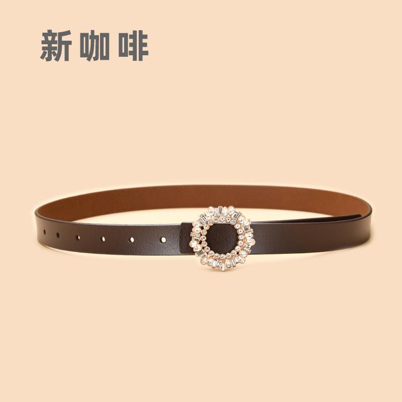 Ladies Belt With Crystal Diamond Square Buckle Decorative Belt Women'S Leather Smooth Buckle Belt
