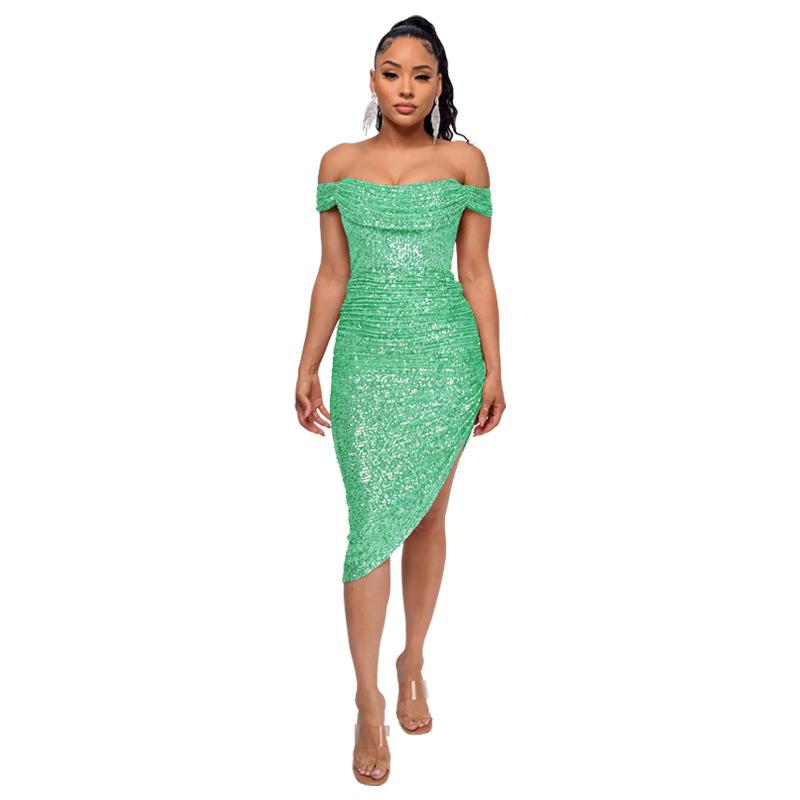 Women's Summer One-line Shoulder French Waist Dress Sequin Bag Hip Mid-length Dress