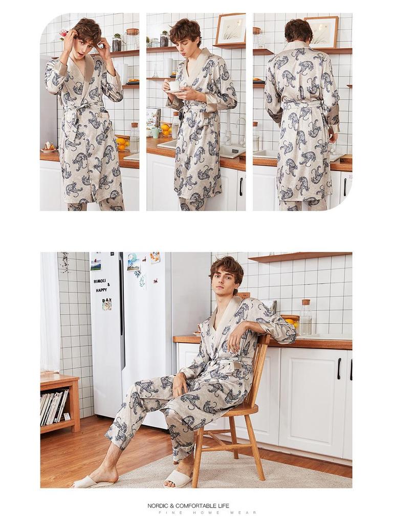 Yaoting Men's Long Sleeve Silk Pajamas and Robe Set, Ice Silk Fabric, WP032