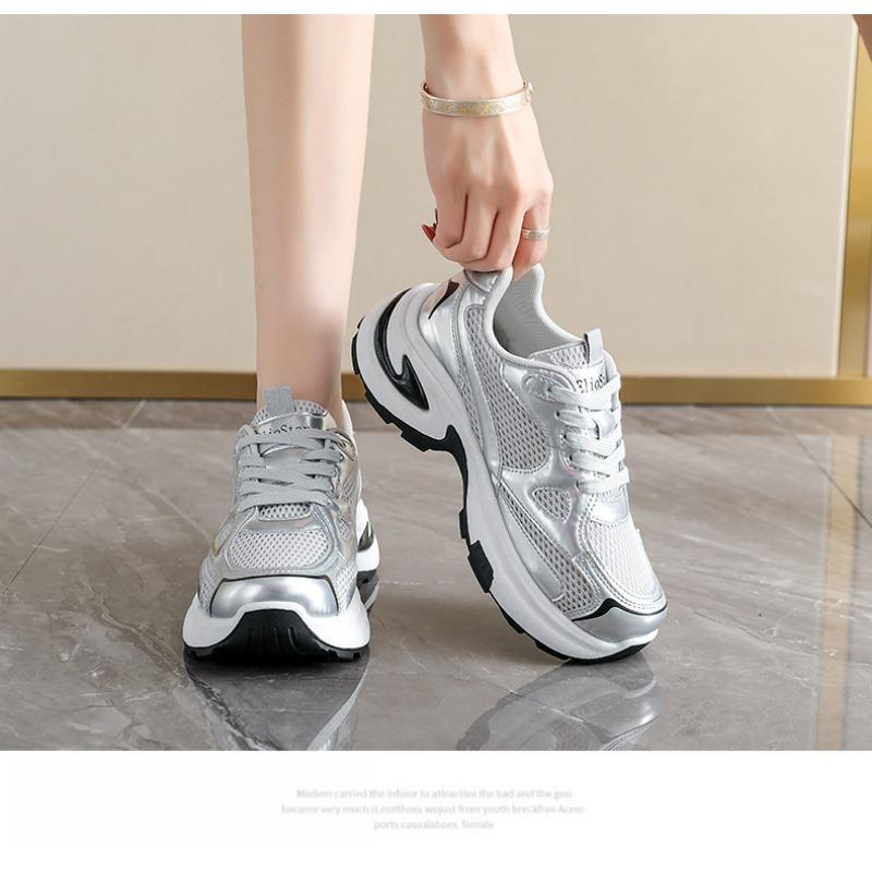Thick Sole Height Increasing Silver Platform Women Casual Sports Chunky Dad Sneakers