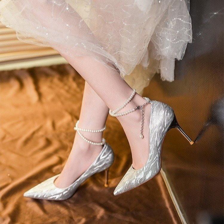 Crystal Wedding Shoes Women's 2025 Spring and Summer New Main Wedding Dress Bride French High-heeled Xiuhe Wedding Dress Two Wear Is Not Tired