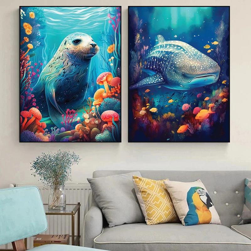 Abstract Modern Art Wall Poster Sea Turtle Jellyfish Dolphin Shark Animal Morden Sea Print Home Decor Canvas Painting Picture