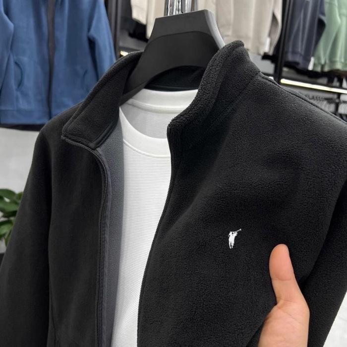 Men's Versatile American-Style Fleece Hoodie - Solid Color, Thickened, Stand Collar, Loose Fit, Plus Size, Wear-Resistant Outerwear