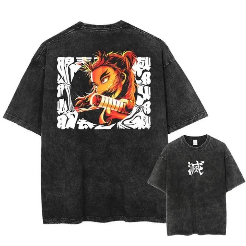 2026 Anime Demon Slayer Retro Washed T-shirt Men's and Women's New Summer Clothing Breathable Fashion Top Streetwear Peripheral Tee