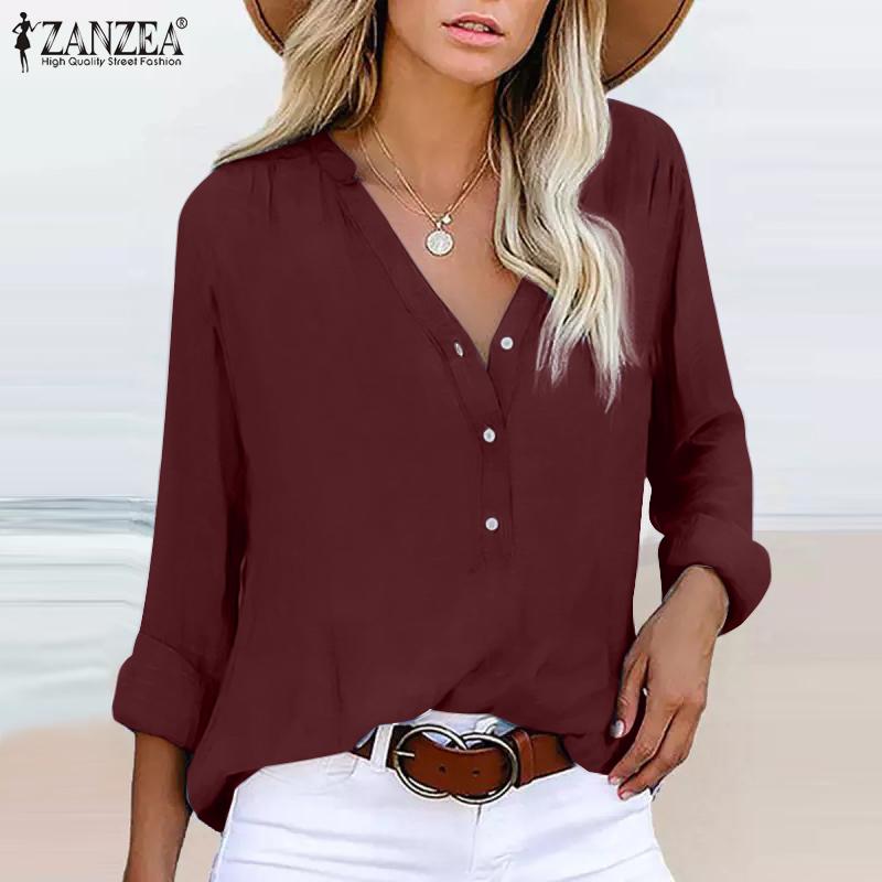 

ZANZEA Женские Повседневные V-образный вырез Блузки Рубашки с длинным рукавом