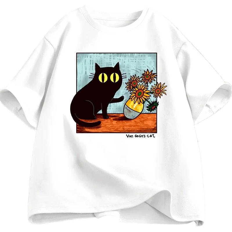 Van Gogh Cat Graphic T Shirts Men Women Flower Black Cat T-shirt Round Neck Short Sleeve Trendy Tee Shirt Street Wear Summer