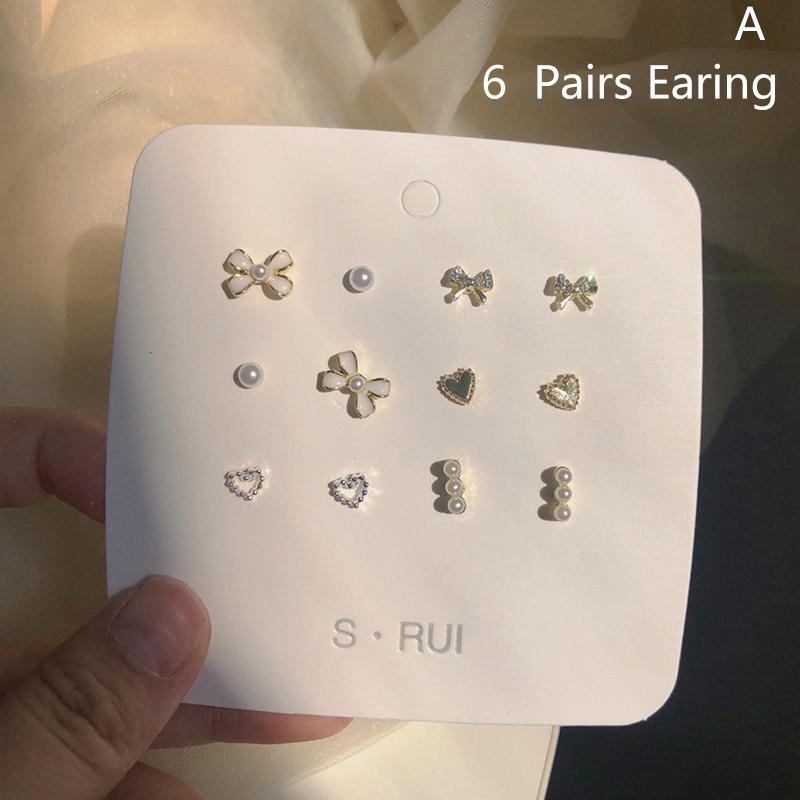 6Pair/Set Design Sense Mini Pearl Butterfly Diamond Earrings Sets Gentle Exquisite Jewelry Earrings Ear Decoration