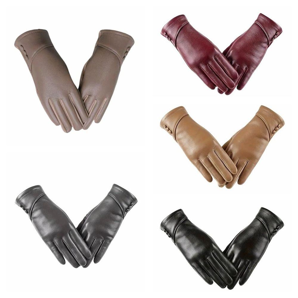 PU Full Finger Mittens Button  Gloves Fashion Women Leather Gloves  Ladies