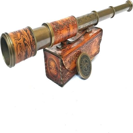 Antique Brass Pirate Spyglass – Vintage Nautical Telescope with Leather Wrap 16inches