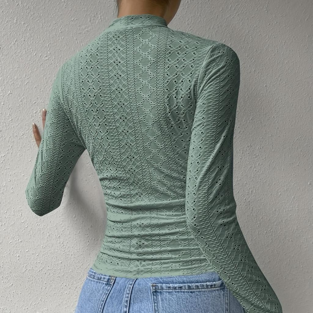 Tricou cu gât fals cu ochi solid, tricou elegant cu mânecă lungă pentru primăvară și toamnă, îmbrăcăminte pentru femei