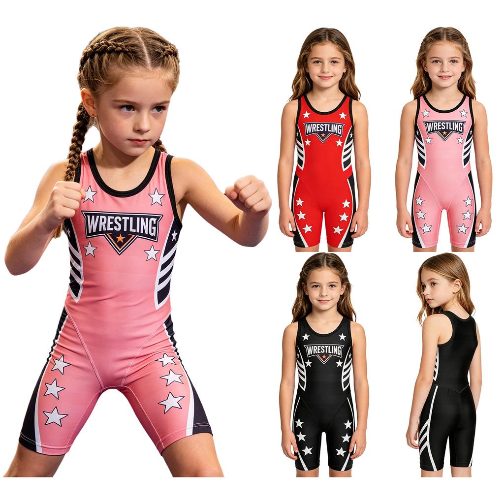 Kids Youth Wrestling Romper Round Neck Sleeveless Printed Full Length Singlet for Boxing Powerlifting Athletic Exercise