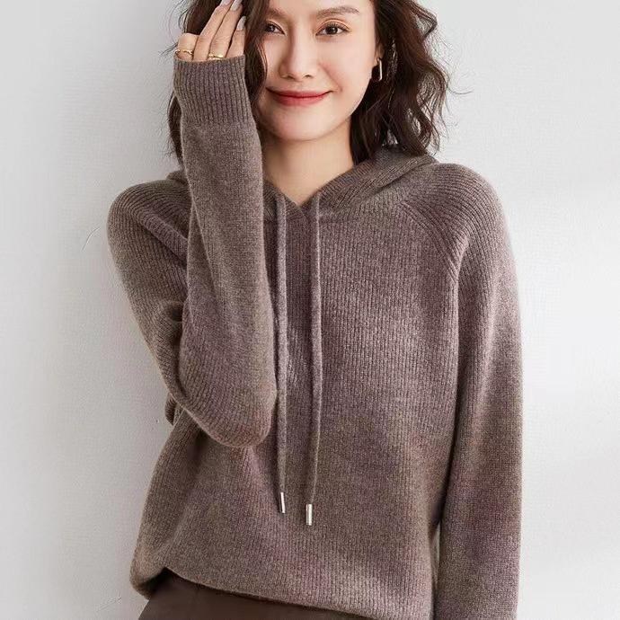 Women's Oversized Hooded Knit Sweater - Cozy Autumn/Winter Drawstring Pullover, Versatile Solid Color.