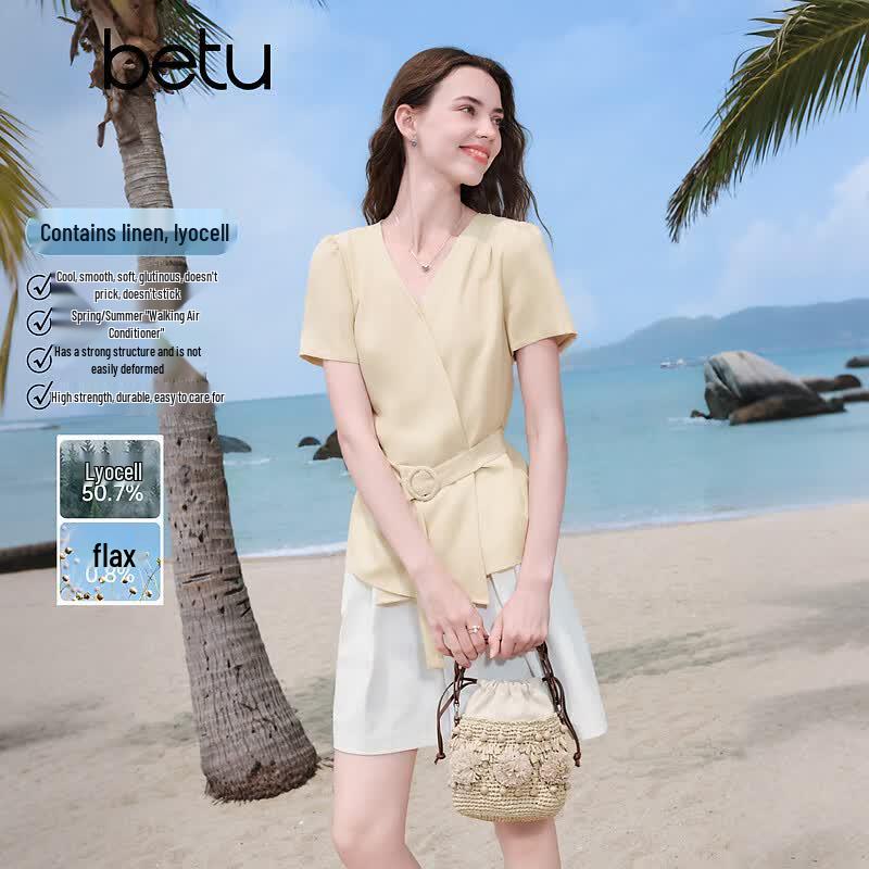 Betu Women s Summer V-Neck Tie-Waist Short Sleeve Shirt M