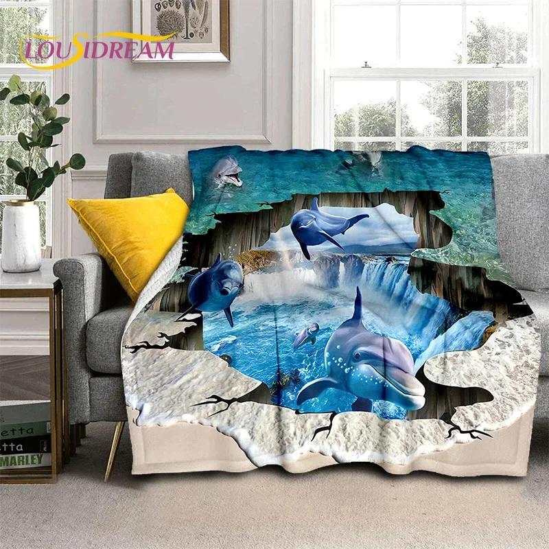 3D Illusion Underwater World Seabed Shark Dolphin Soft Flannel Blanket for Beds Bedroom Sofa Picnic,Throw Blanket Outdoors Gifts