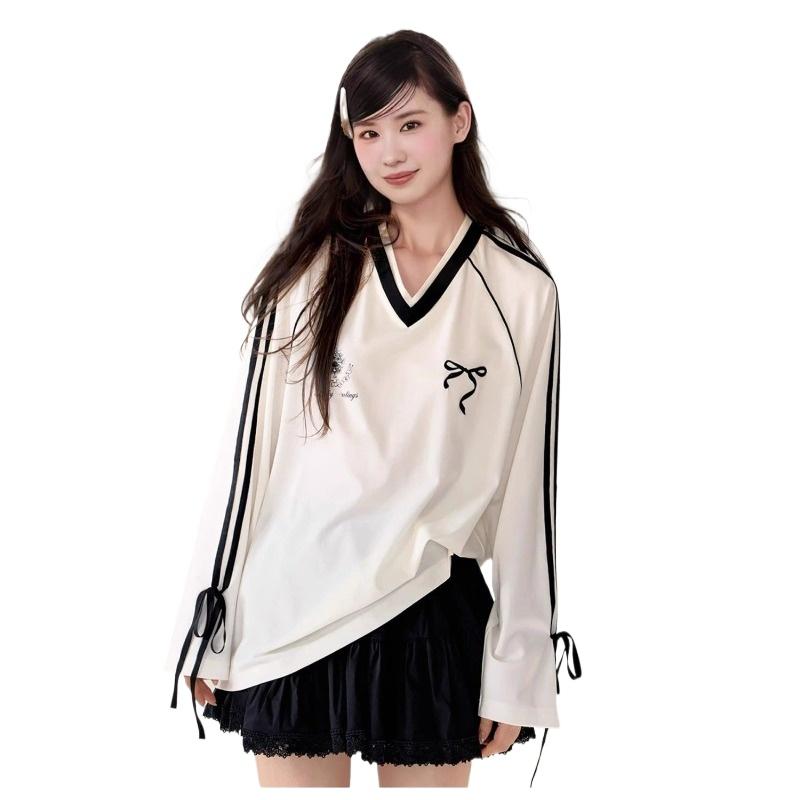 Bow Tie Women Long Sleeved T-shirts V-neck Loose Long Sleeved Pullover Tee Korean Style Autumn New Fashion Women's Top