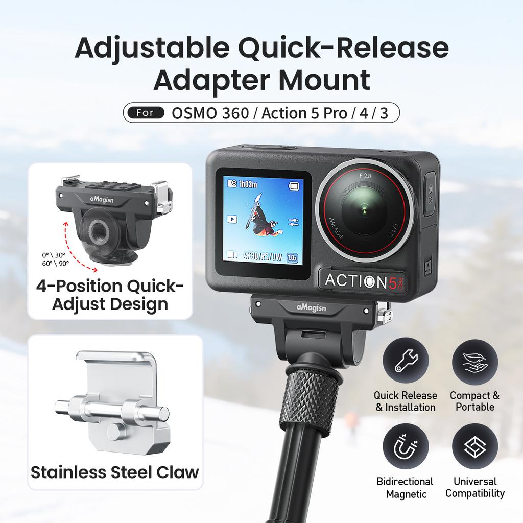 AMAGISN PD15 For DJI Osmo Action 5 Pro/Action 4/3 Adjustable Quick Release Mount Adapter Holder Camera Accessory