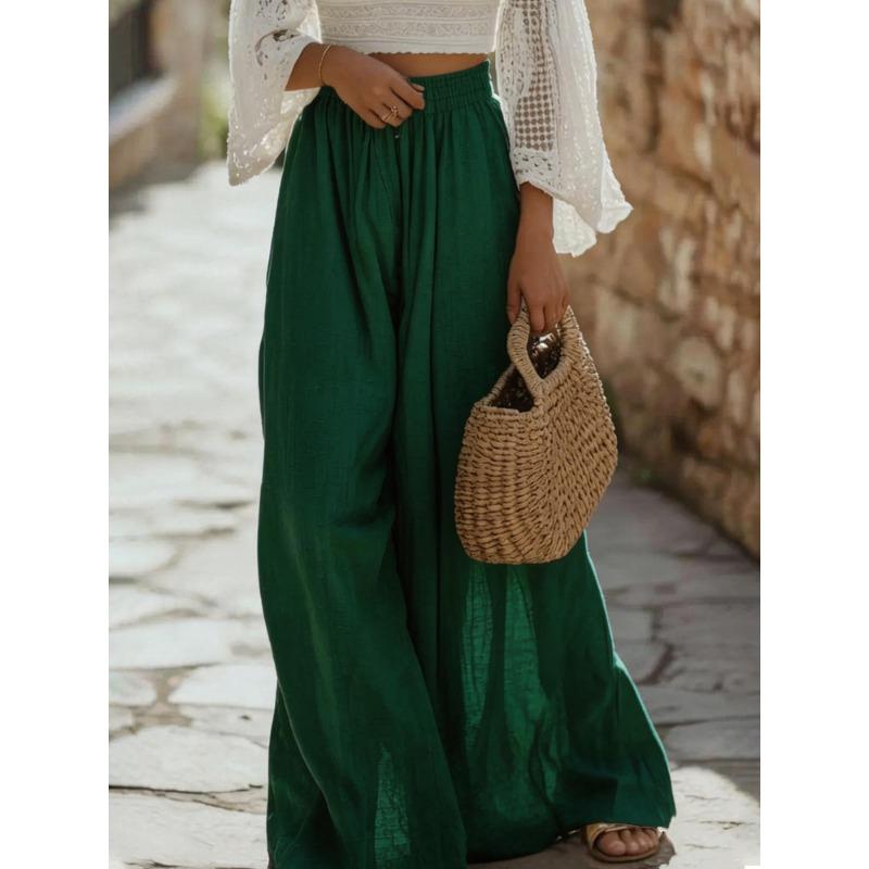 Womens Casual Solid Color Elastic Waist Wide Leg Pants