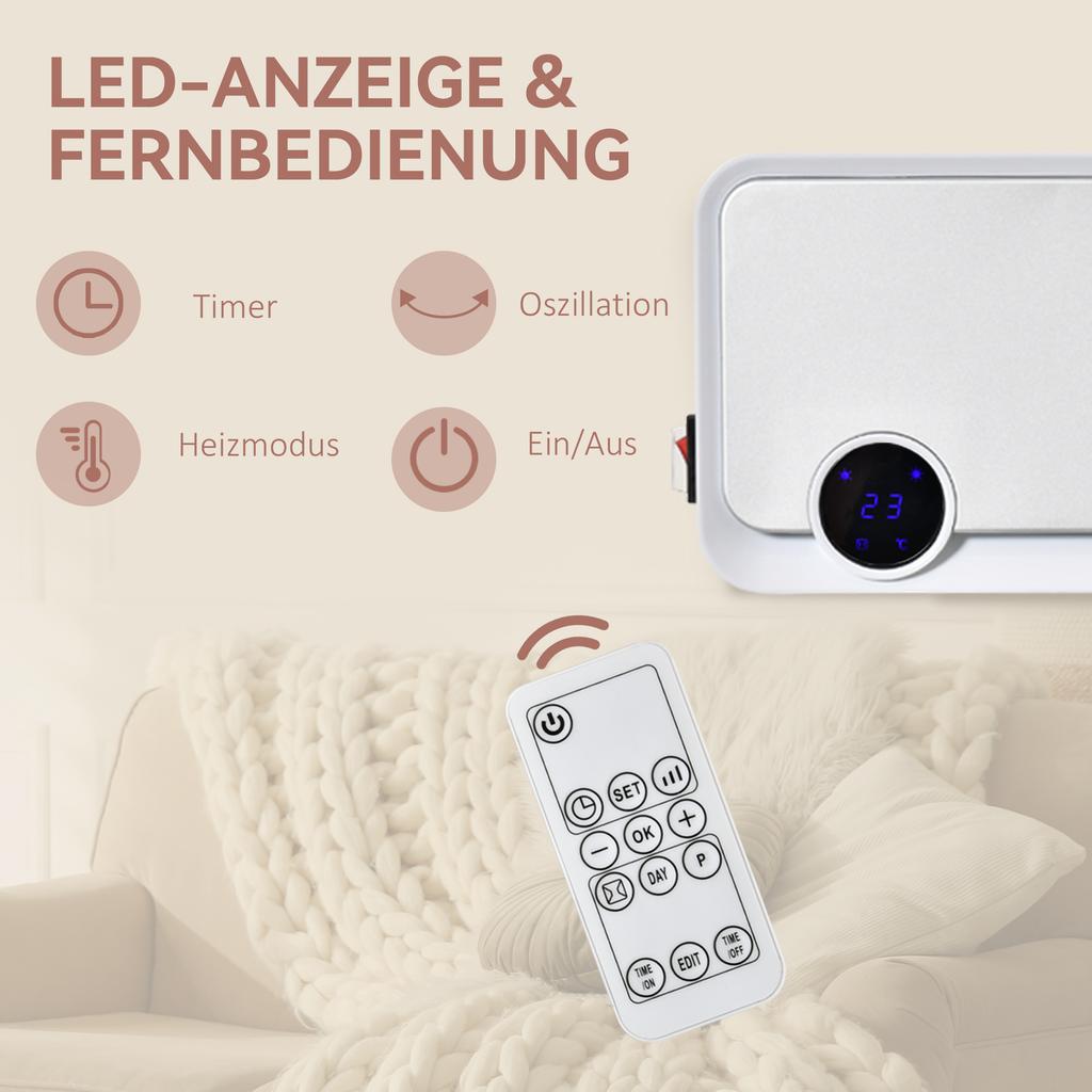 Wall-Mounted Fan Heater 2000W with Remote Control, 3 Operating Modes, LED Display 12h Timer