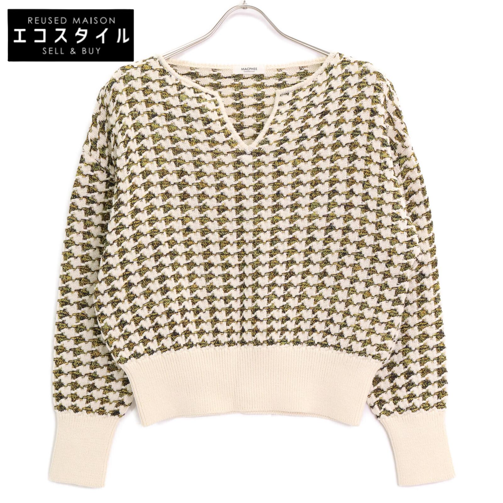 

MACPHEE [Good Condition] 12-02-52-02206 Houndstooth Key Neck Pullover Knit Sweater/ tops S Ivory/YellowUsed