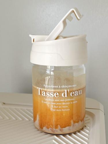 

Creative French Transparent Glass Ins Korean Style Portable Picnic Water Cup with Straw Carrying Cup Water Cup Cover Cute Cup
