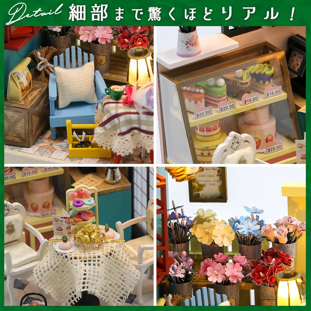 moin moin Dollhouse Miniature DIY Kit Set Instructions Coffee Cake Cube Box LED Light Acrylic Case Building Tools [English Included] Palm-Sized Cafe,