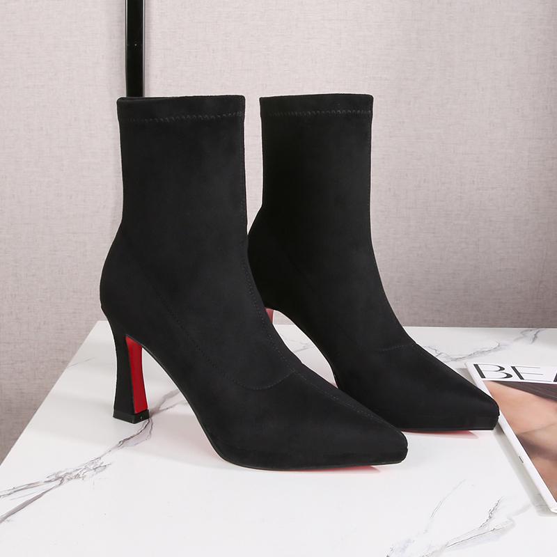 Black Red Sole Suede Platform Ankle Boots: Versatile Elastic Slim Fit, Waterproof, Women's High Heels for Autumn/Winter.