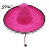 Theme Party Hat Mexican Sombrero with Colorful Poms, Hawaiian Style Woven Straw Sun Hat, Wide Brim Lightweight Costume for Summer Beach