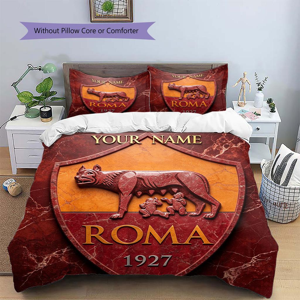 Nome Personalizzato, Fantasia AS Roma Biancheria da Letto Decorazione Casa Regalo di Compleanno ( 1 copripiumino + 2 federe, senza imbottitura),merchandising per fan.