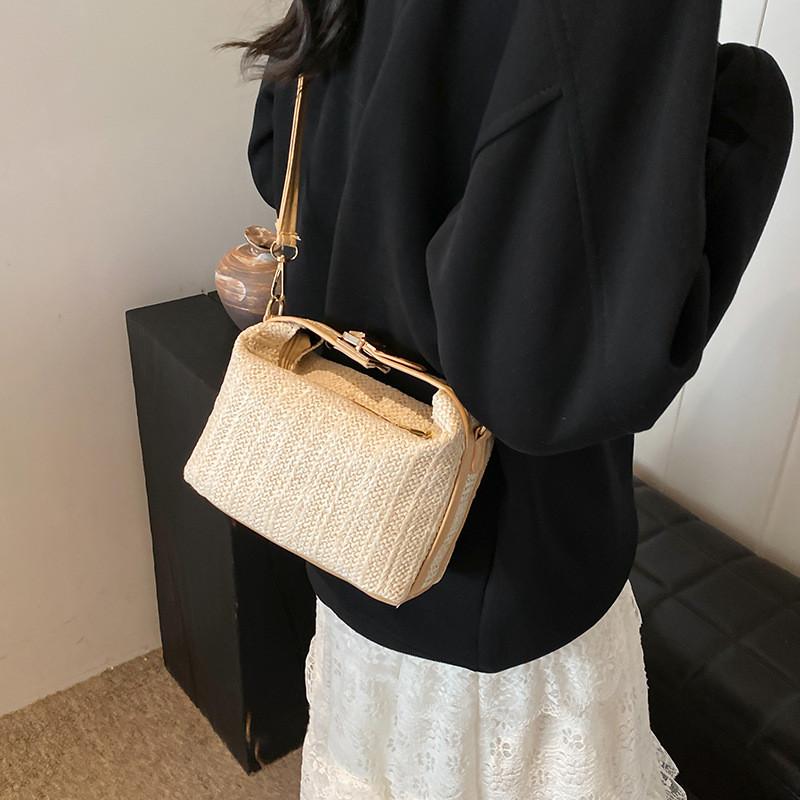 Chic Black And Khaki Pu Woven Shoulder Bag For Summer Beach Vacation Style