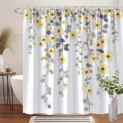 Simple Floral Pattern Waterproof Shower Curtain Ladies Bathroom Shower Curtain Grey Yellow Flower Bathroom Curtain