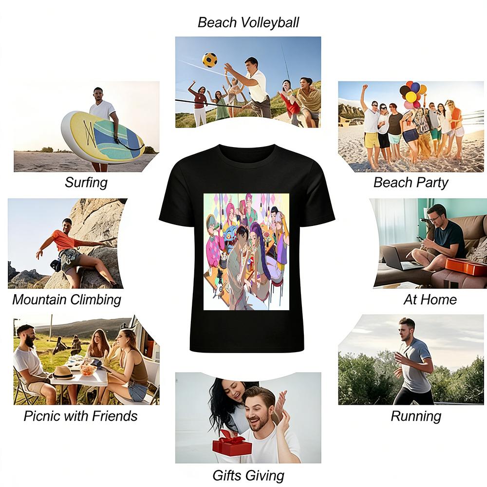 Trendy Anime Style Group Dinner Print T-shirts Unisex Casual Loose Tops For Anime Fans Pure Cotton T-shirt