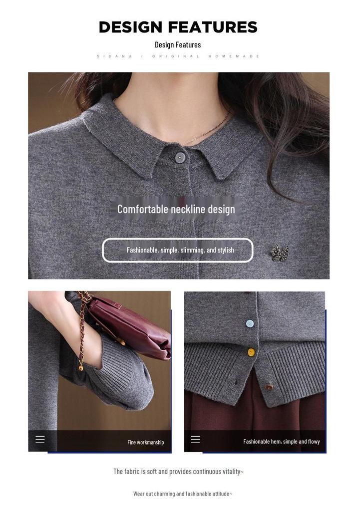 Women's Lapel Knit Cardigan - Chic, Versatile Spring/Autumn Jacket, Slimming Loose Fit, Ideal for Middle-Aged and Elderly Moms
