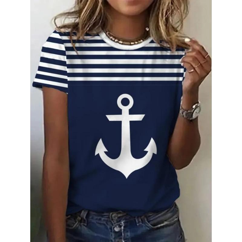 Women's 3D Printed T-Shirt Colorful Striped Boat Anchor Pattern Print Short Sleeve O-Neck Pullover Casual Top