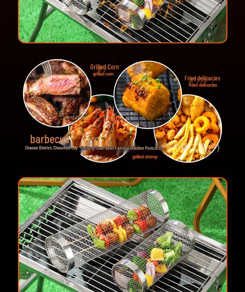 Stainless Steel Rolling BBQ Basket - Outdoor BBQ Tool